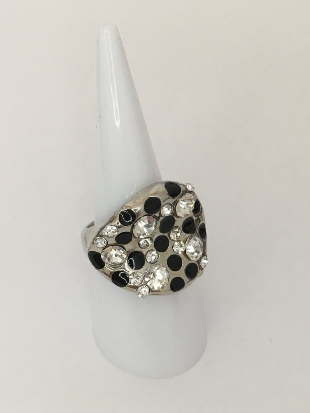 NEW Silver Rhinestone Black Enamel Lacquer Dots Large Circle Jewelry Ring